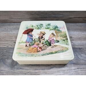 Massilly French Garden Tin with Children Made in France Empty 9.5"